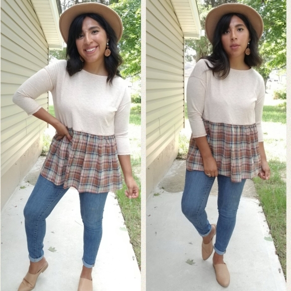 MIX & MINGLE TAN PLAID SHIRT TOP - Picture 5 of 5
